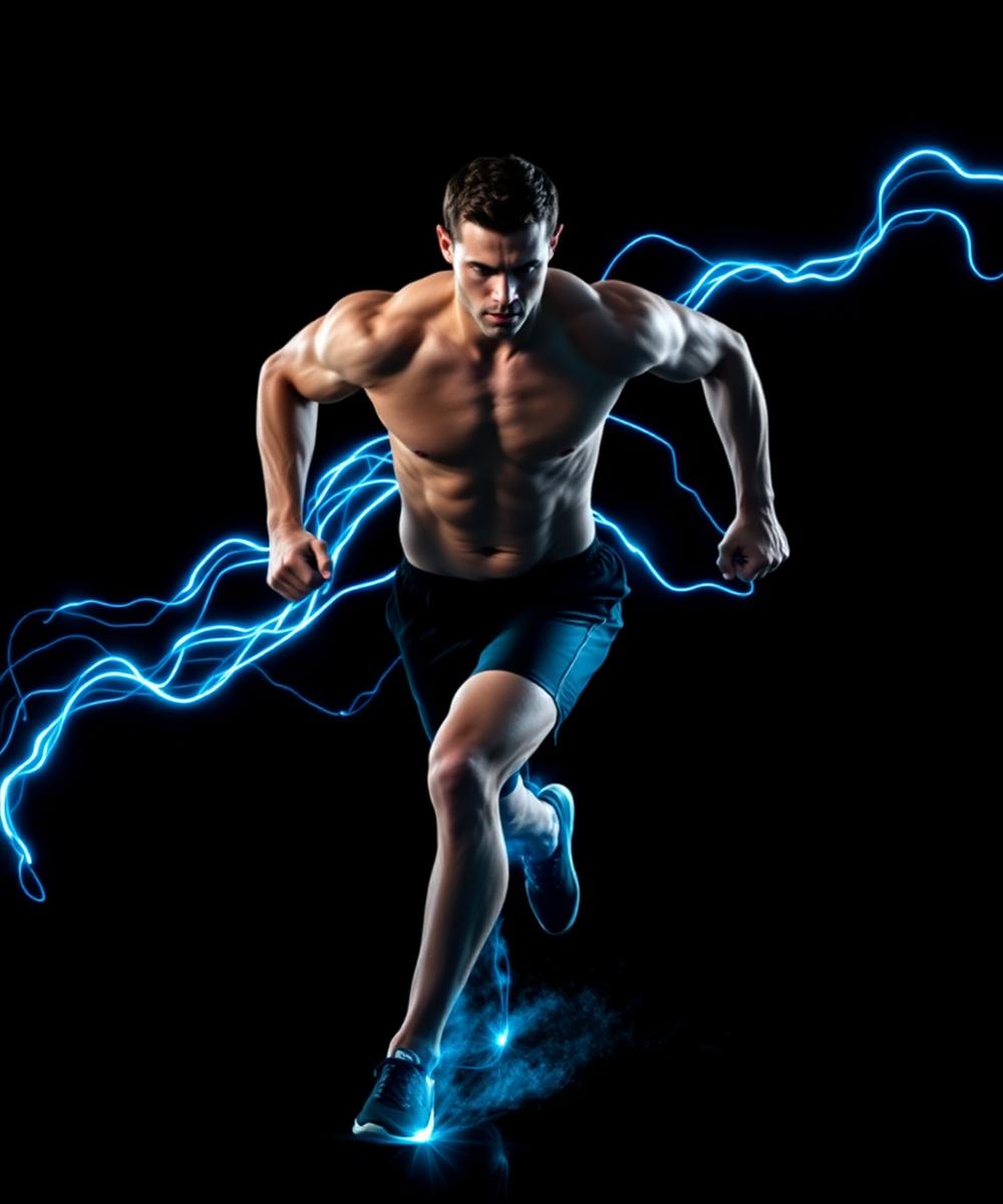 Homem em alta performance com energia neon azul